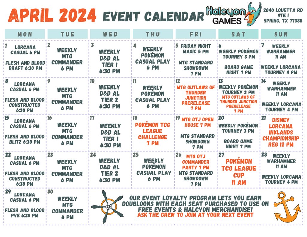 HalcyonGamesTX's tweet image. No April Fools joke here - we have events all month long! We have our first Disney Lorcana Championship, and a Pokémon League Cup to look forward to. Outlaws of Thunder Junction rides in this month too!

See events at halcyon.games/events

#HalcyonEvents #ThingsToDoinSpring