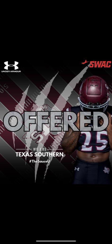 After a great conversation with @Coach_JW3 I am blessed to receive my first D1 offer from Texas Southern University. @RodneyGuin5 @Demarlon181 @CalvaryRecruits @LABootleggers @BootleggersNLA @JimmyDetail @markmiller36 @Julie_Boudwin @JeritRoser @CoachMarvXFL