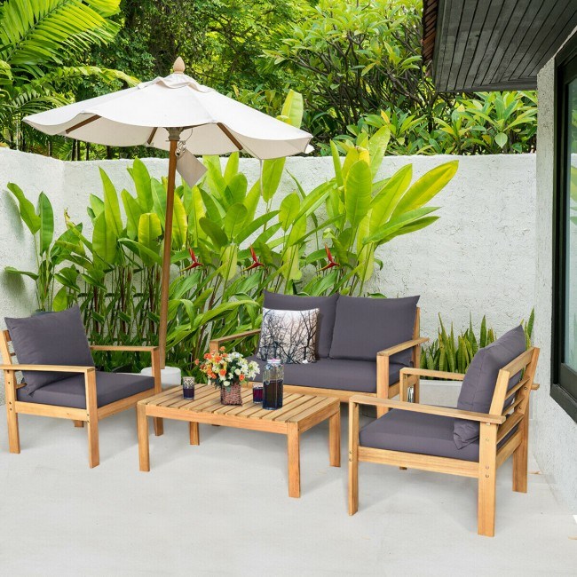 Spruce up your patio for spring with a gorgeous acacia wood furniture set!  This 4-piece set features a comfy loveseat, 2 sofas & a coffee table, all with plush cushions for ultimate relaxation. Shop now at sunlitbackyardoasis.com.
#PatioGoals #summerready #SpringtimeVibes #porch