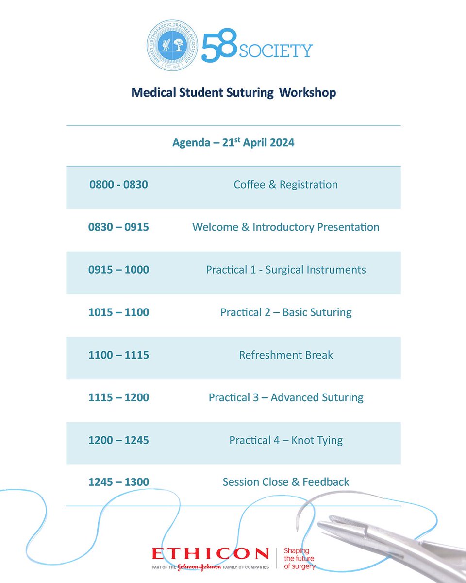 The @58society is invested in training future surgeons. We will be running a Hands-On Suturing Workshop for Medical Students at Aintree Hospital, Liverpool on 21/04/24. £25 Course Fee. To book, email 58society@gmail.com. @LiverpoolTrauma @SurgicalScouser @LMSSOnline @BOMSA_UK