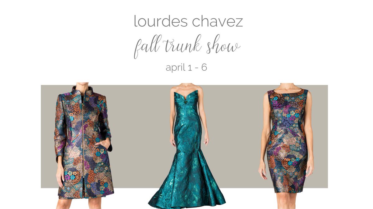 See the new fall collection here now for a week long trunk show!  Gowns, dresses, suits, novelty coats are among the many styles from which to select.  Meet Lourdes in person April 4 - 6.⁠ #trunkshows #fallfashion #lourdeschavez #designerfashion #daydress #weddings #gowns