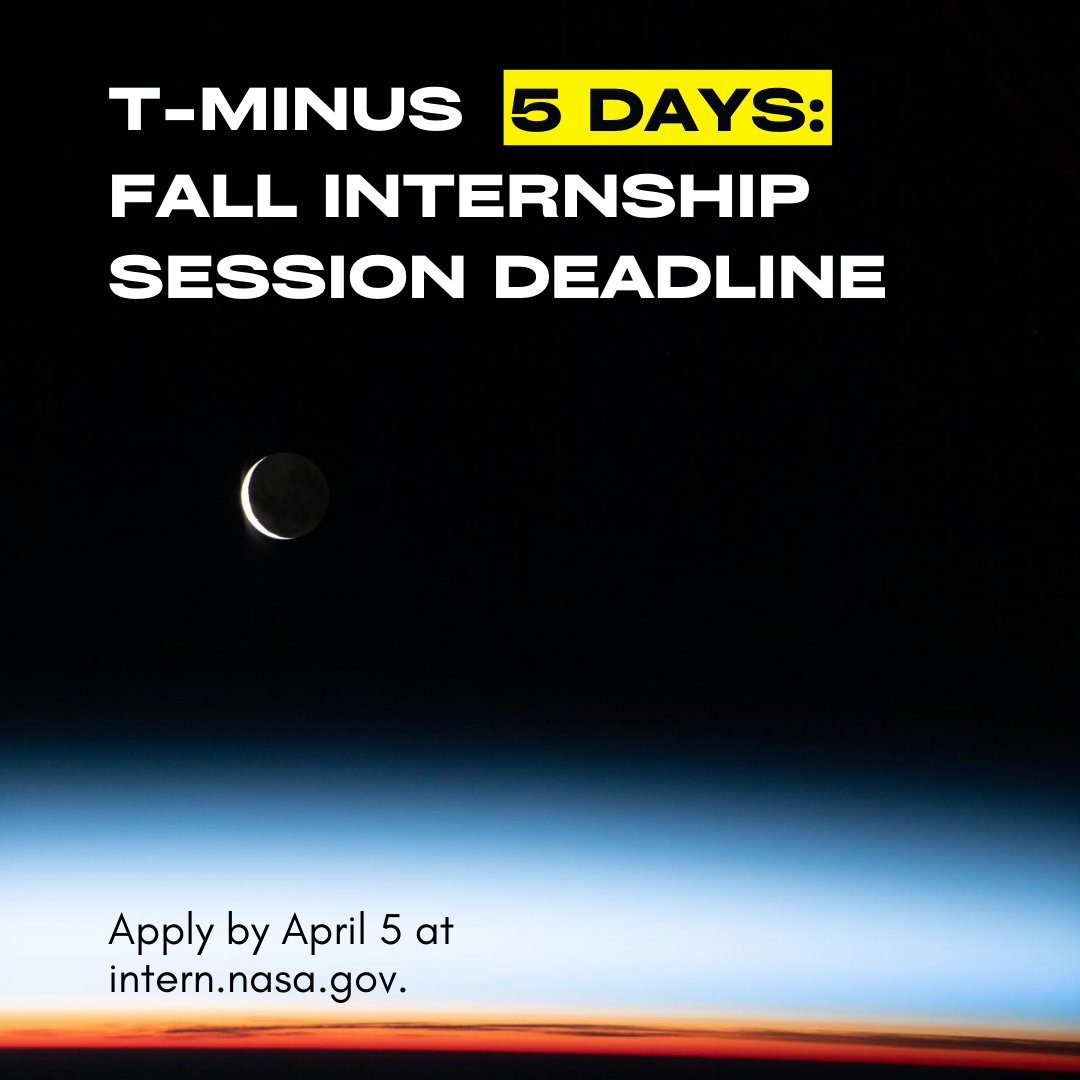 The sun is setting on our fall internship applications. ☀ Make sure to submit your application to intern with @NASA by this Friday, April 5, 2024. Apply: intern.nasa.gov