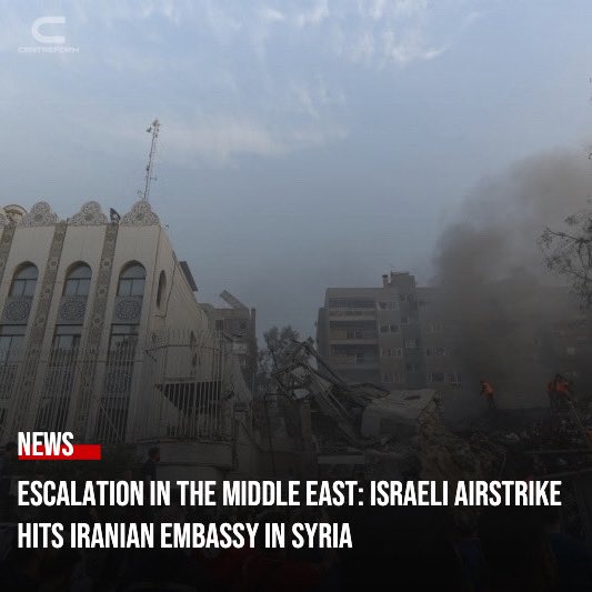 Centreform's tweet photo. Suspected Israeli warplanes conducted airstrikes on Iran's embassy in Syria, marking a significant escalation in the ongoing conflict between Israel and its regional rivals. The strike resulted in casualties, including senior Iranian military commanders, and drew condemnation from Syria and Iran. This attack comes amid heightened tensions in the region, with Israel intensifying its airstrikes against Iran-backed targets in Syria and Lebanon.

#MiddleEastConflict #IsraeliAirstrike #IranEmbassy #Syria #Tensions #RegionalConflict #MilitaryEscalation #Iran #Israel #SyriaConflict #Geopolitics