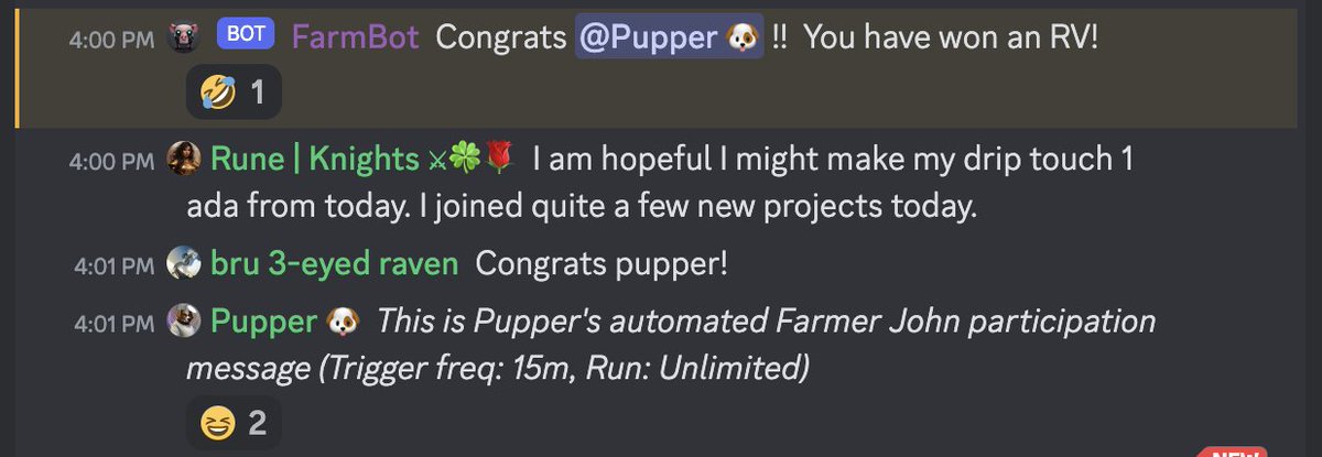 Pupper_Art's tweet image. Today I won a literal RV from @TheFarmBots! The winning message was actually one of my automated chat messages (I never miss a group tip this way LOL) but the team is going to honor it anyway since I coded it based off of what I learned in their #learn2code channel!