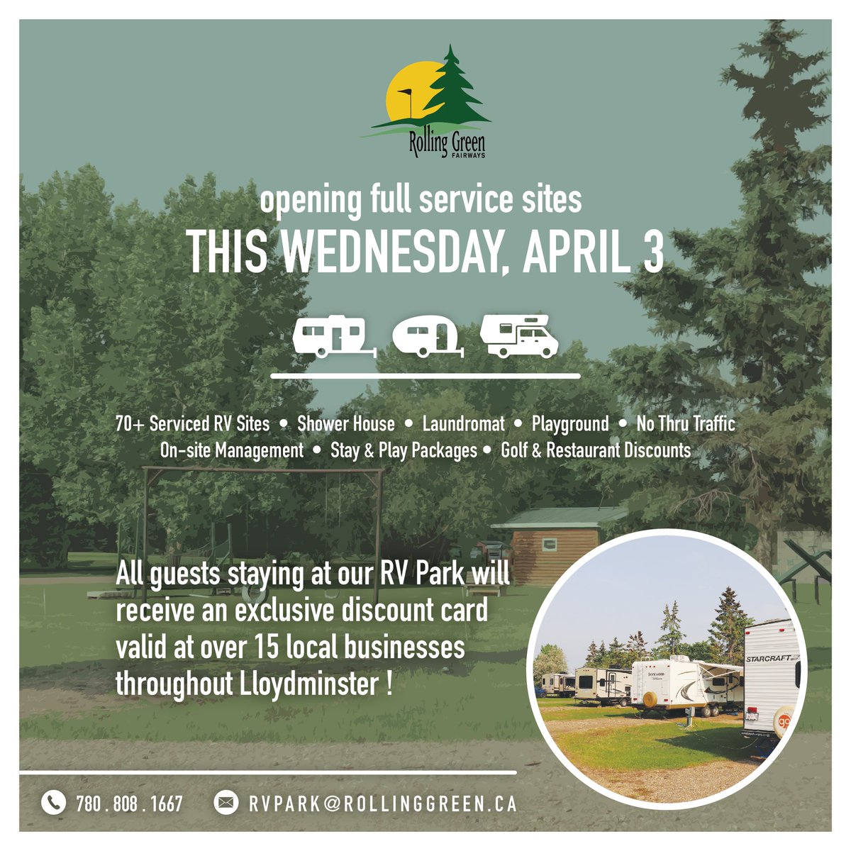 It's that time of year again! We're excited to announce the opening of our RV Park this Wednesday, April 3rd! And for the first time ever, our RV park guests will receive an exclusive discount card to various businesses in Lloydminster as a thank you for supporting local.