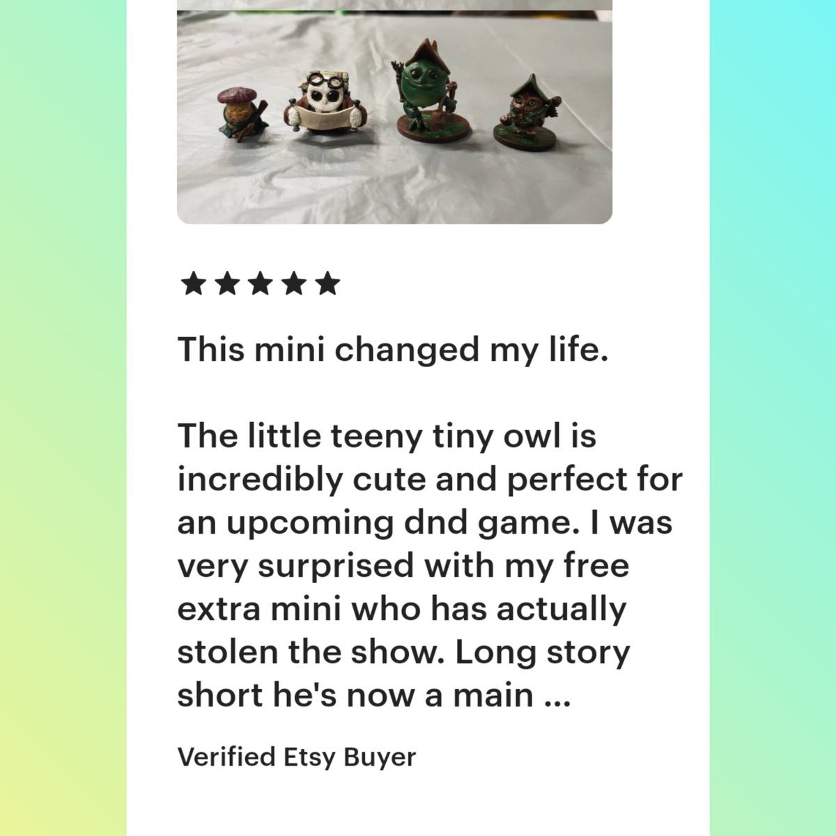 Always happy to receive positive reviews! 

etsy.com/uk/shop/EpicsN…

myminifactory.com/users/EpicsNSt…

#dnde5 #dnd #dungeonsanddragons #dungeonsanddragonsart #dndcharacter #3dprinting  #3dprinted #humblewood #humblewoodcampaign #owl #owlbear #humblefolk #phozen #elegoo #3d #etsyuk #etsy