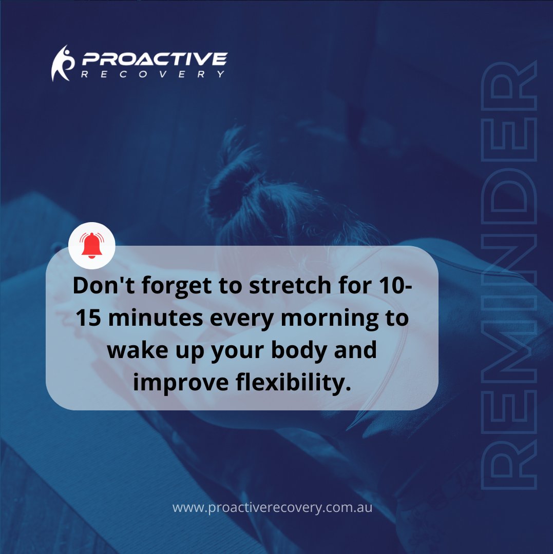 Rise & shine! Begin your day with a 10-15 min stretch every morning to awaken your body, improve flexibility & prep for the day. 🧘‍♀️ 

Elevate recovery & wellness at our site. Let's prioritize wellness together! 💪 

#morningroutine #fitnessreminder #ProactiveRecovery