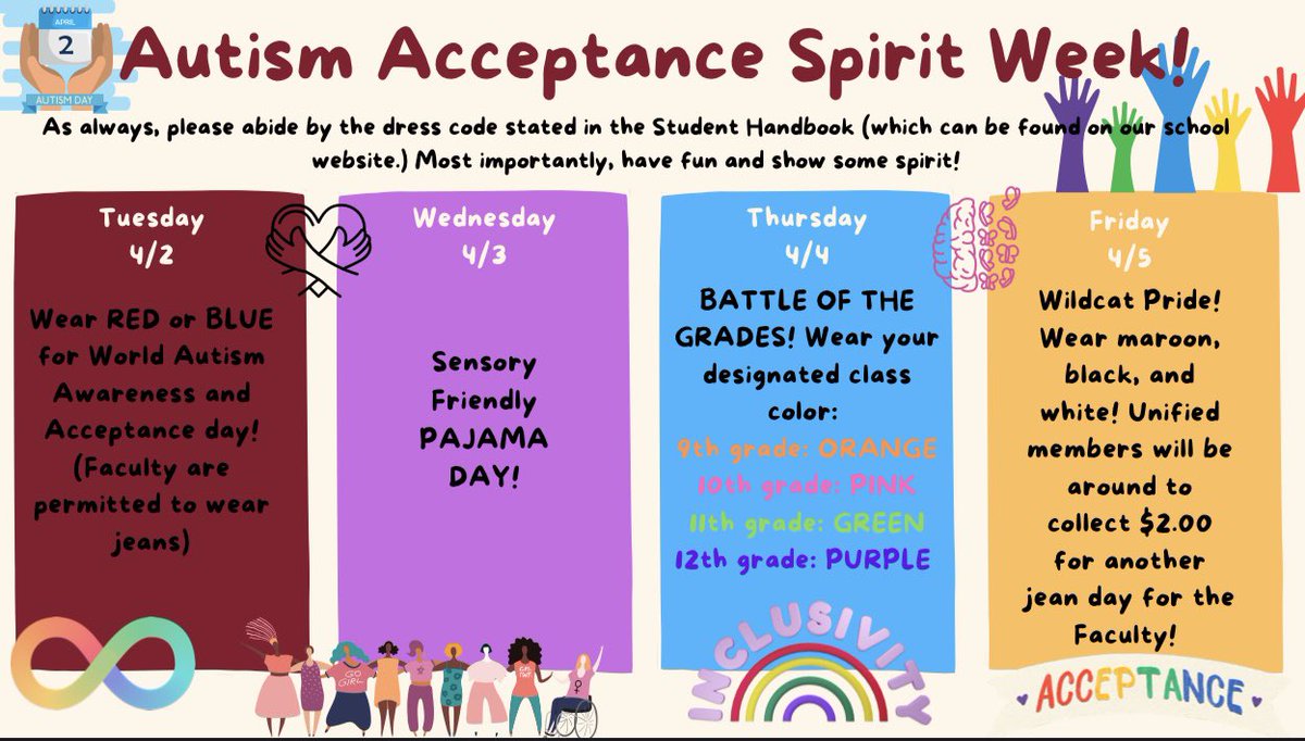 Tuesday, April 2nd will kick start our Unified Autism Acceptance Spirit Week!! Show your support by participating in as many days as you can. Tag brhs.unified.club on Instagram with all your themed photos! ✨