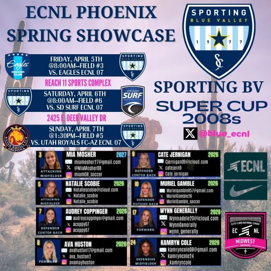 Sporting Blue Valley ECNL 08 (@blue_ecnl) on Twitter photo Our Sporting BV Super Cup Team is prepping for the ECNL Showcase in Phoenix from April 5-7th. Check out our schedule for the weekend and come watch us play! <a href="/ImYouthSoccer/">ECNL/GA/Recruiting/College Soccer</a> <a href="/ImCollegeSoccer/">College Soccer Truth ™</a> <a href="/PrepSoccer/">Prep Soccer ⚽️</a> <a href="/TopDrawerSoccer/">TopDrawerSoccer</a> <a href="/TheSoccerWire/">SoccerWire</a> Our Sporting BV Super Cup Team is prepping for the ECNL Showcase in Phoenix from April 5-7th. Check out our schedule for the weekend and come watch us play! <a href="/ImYouthSoccer/">ECNL/GA/Recruiting/College Soccer</a> <a href="/ImCollegeSoccer/">College Soccer Truth ™</a> <a href="/PrepSoccer/">Prep Soccer ⚽️</a> <a href="/TopDrawerSoccer/">TopDrawerSoccer</a> <a href="/TheSoccerWire/">SoccerWire</a>