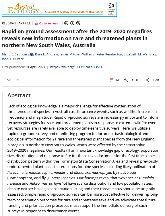 Happy to finally share this🌱🔥 Rapid on-ground survey of 21 rare & threatened plant species in northern NSW after 2019 #BlackSummer fires reveals new info on ecology, pop size & distribution #fireecology #threatenedspecies @RoseLAndrew @LizzieWandrag onlinelibrary.wiley.com/doi/full/10.11…