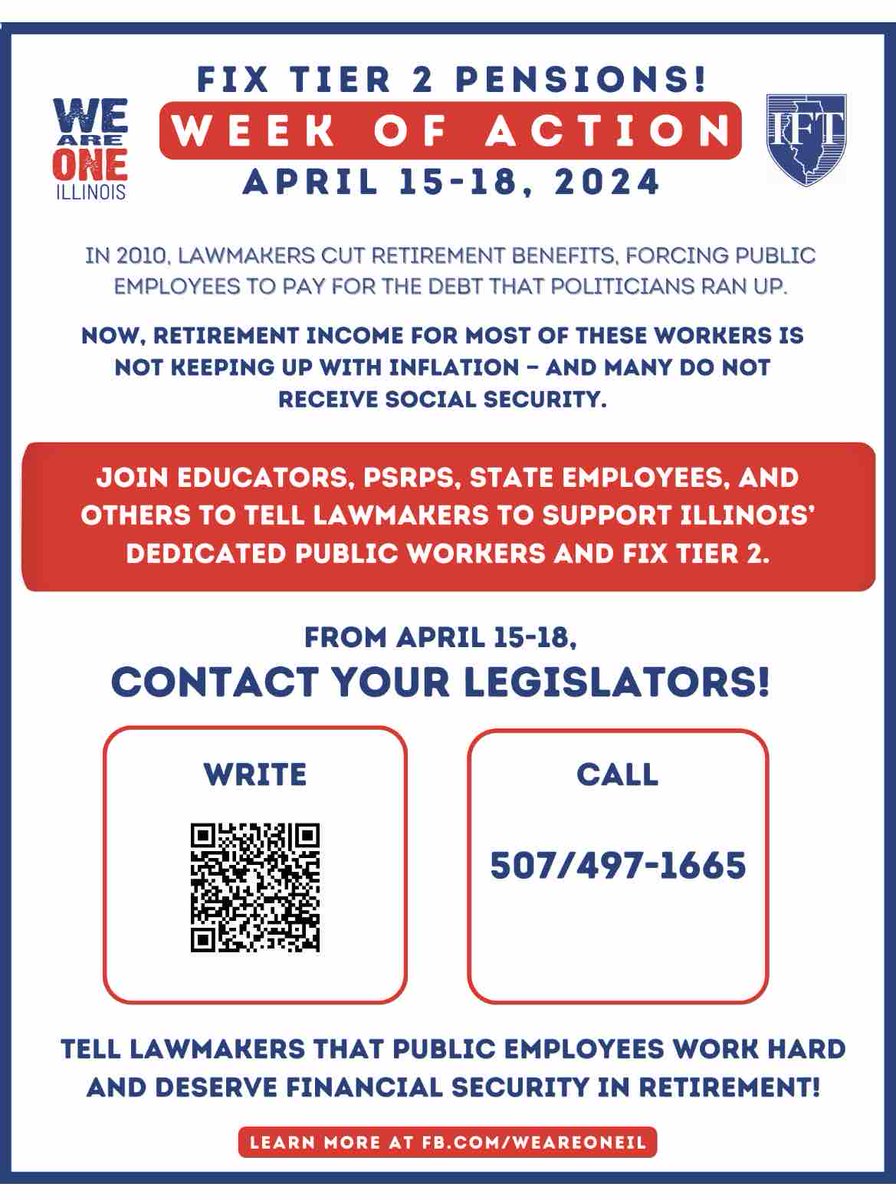 Retirement income for public workers is not keeping up with inflation. Join educators, PRSPs, state employees, and others to tell lawmakers to support Illinois’ dedicated public workers and fix tier 2. @iftaft