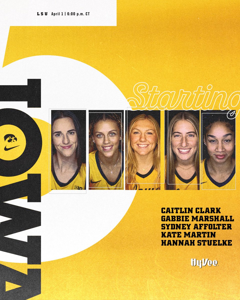Showtime. 

✨ <a href="/CaitlinClark22/">Caitlin Clark</a> 
✨ <a href="/GabbieMarshall/">Gabbie Marshall</a> 
✨ <a href="/sydneyaffolter1/">Sydney Affolter</a> 
✨ <a href="/kate_martin22/">Kate Martin</a> 
✨ <a href="/StuelkeHannah/">Hannah stuelke</a> 

#Hawkeyes