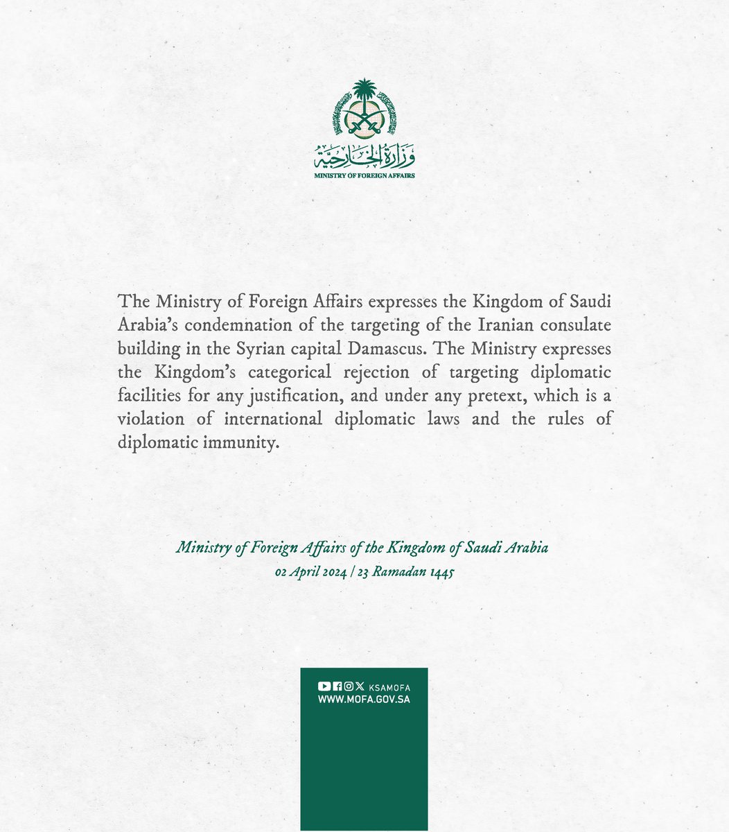 JUST IN: 🇸🇦 Saudi Arabia condemns Israel's attack on Iran's Embassy and says it's a violation of international diplomatic laws.