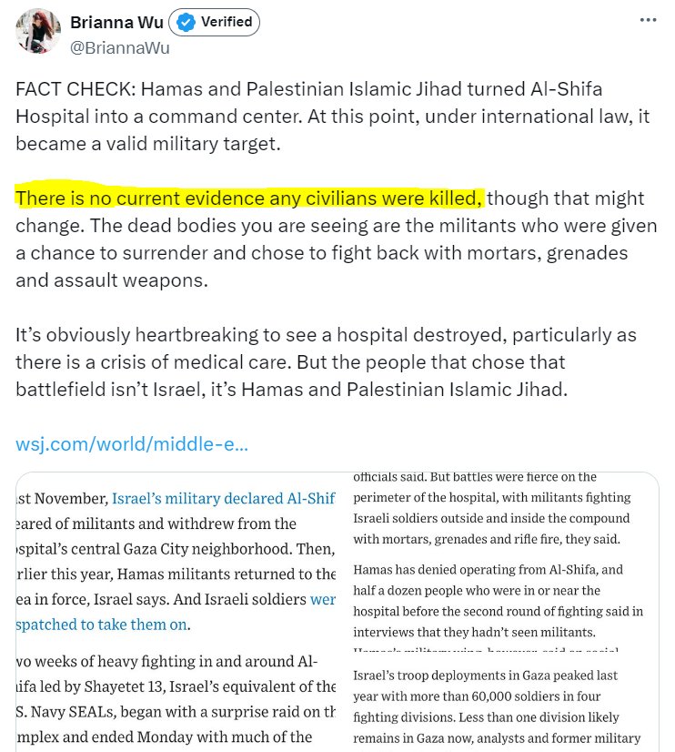 AIPAction's tweet photo. Brianna Wu (@briannawu) falsely claims that there is no evidence any civilians were killed in Al-Shifa Hospital. https://t.co/IyFssCxJQn
