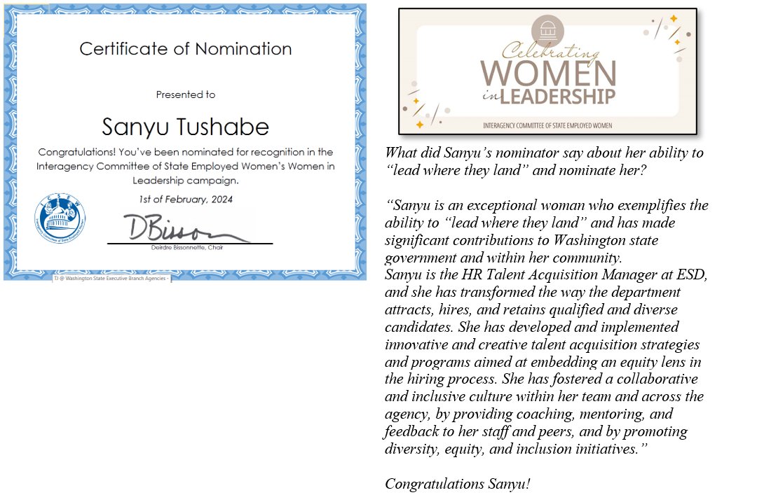 Interagency Committee of State Employed Women
<a href="/ICSEW/">Interagency Committee of State Employed Women</a>
·
2m
ICSEW would like to congratulate Sanyu Tushabe for being recognized for her leadership ability during the 2024 Celebrating Women in Leadership campaign.   Congratulations!

#https://www.linkedin.com/in/sanyu-tushabe/