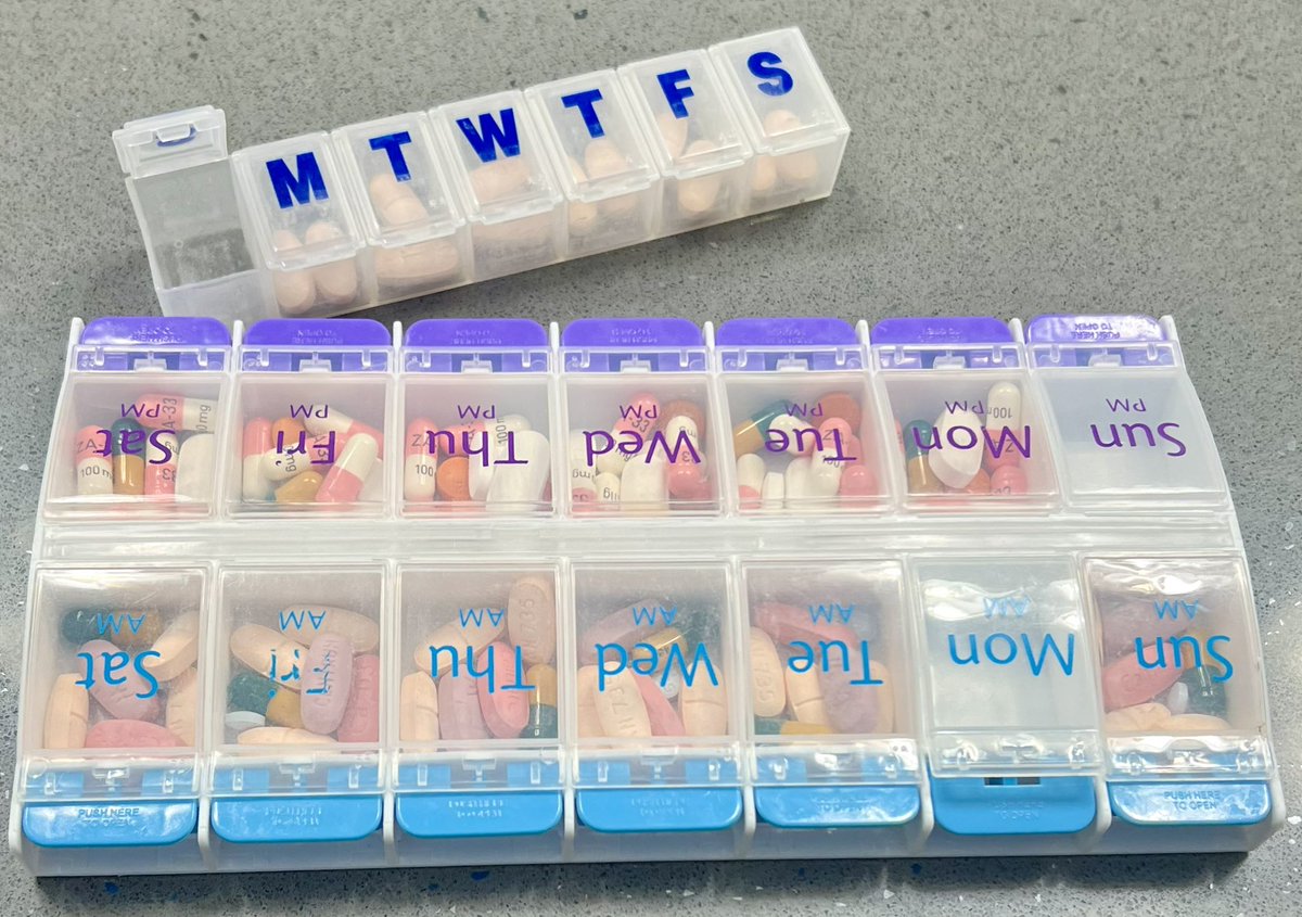 epilectra's tweet photo. Managing a #disability is hard to do alone. My #AmazingHubby orders all my #epilepsy, #hypothyroid, and #diabetes drugs for me, AND he organizes them into these very handy plastic “grandma” weekly pill containers. Hard to miss a dose with this system! #Epilectra #superhero https://t.co/2t9N6VFtfZ