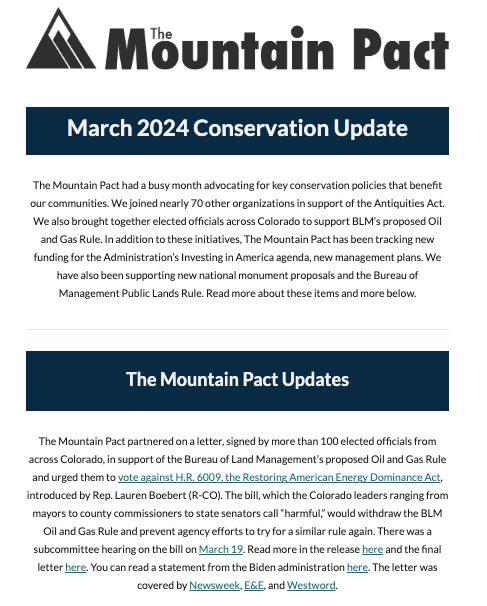 themountainpact's tweet photo. Read @themountainpact March #ConservationUpdate with updates on 3 letters in support of the #AntiquitiesAct, @BLMNational proposed Oil &amp; Gas Rule, &amp; funding #publiclands. Also included is information on new management plans &amp; #nationalmonument proposals. https://t.co/hZtFWkZXLZ https://t.co/HXhC5xik41
