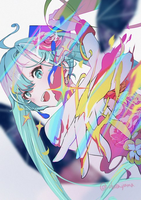 #MIKUEXPO10th のうちのミクさんセルフ二次創作ですUniversal Positivityというテーマがあったのですが「普遍的」の意味を広く捉え、国も人も越え愛され生み出される初音ミクは全てが初音ミクという事を表現したく決められた形のないミク=変化するデザインを纏うミクという意味で描きました 