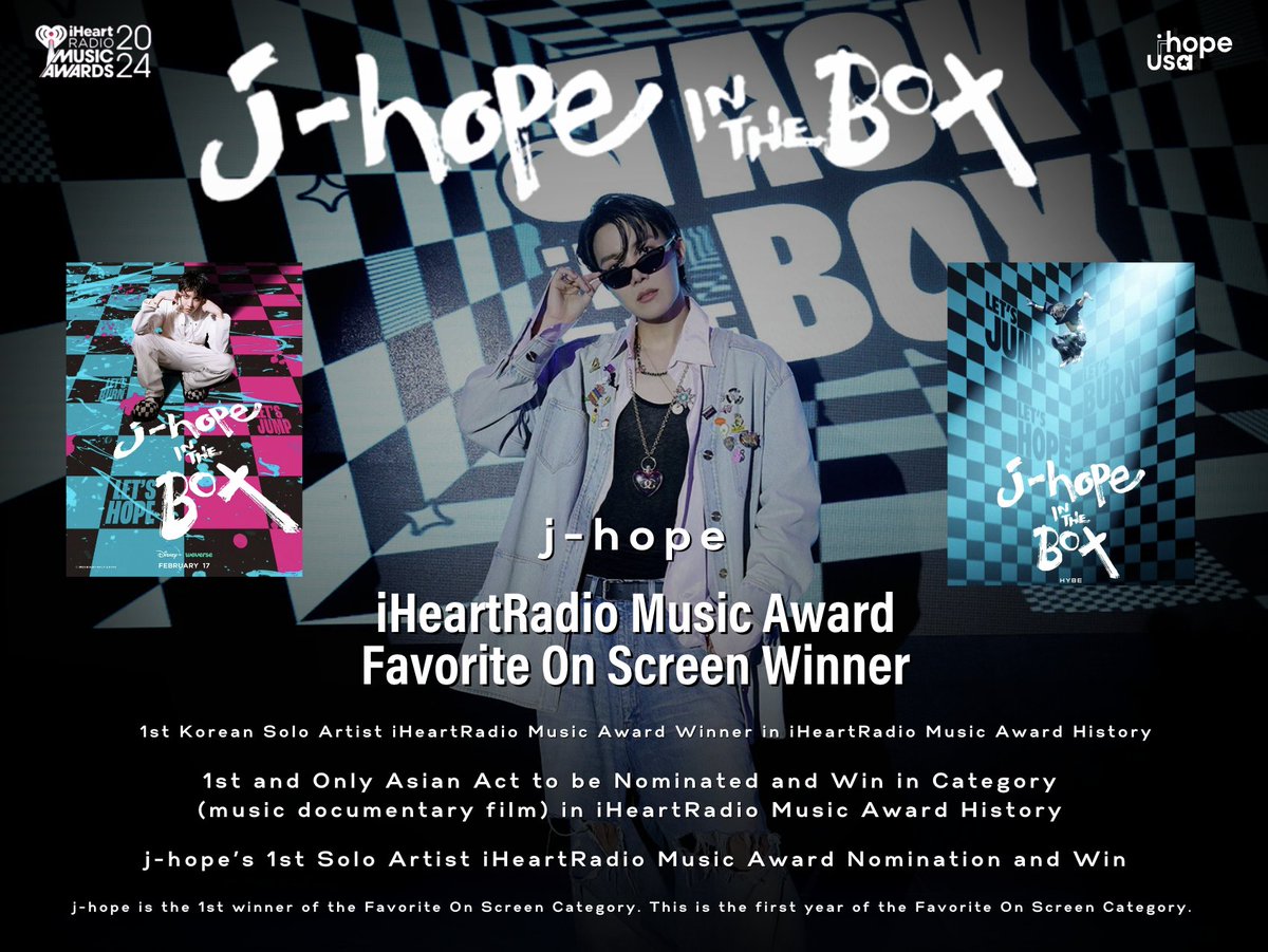 🏆 2024 iHeartRadio Music Awards

🏆 Favorite On Screen - j-hope 
#jhopeINTHEBOX” starring #JHOPE 

🏆 1st Korean Solo Artist iHeartRadio Music Award Winner in iHeartRadio Music Award History
🏆 1st and Only Asian Act to be Nominated and Win in Category (music documentary film)