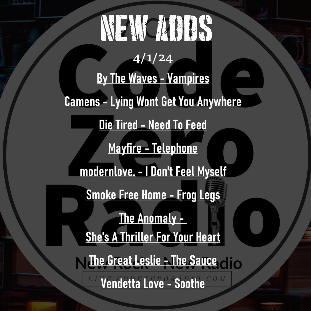 Oops! Updated graphic to include @DieTiredBand More shiny new music headed for your earholes!Now in rotation and featured on Fresh Rocks, weekdays at 1 pm CDT/ 7 pm GMT Curated for your discovery! #appstore #streaming #iPhone #Nobex #android #alternative #rock #app