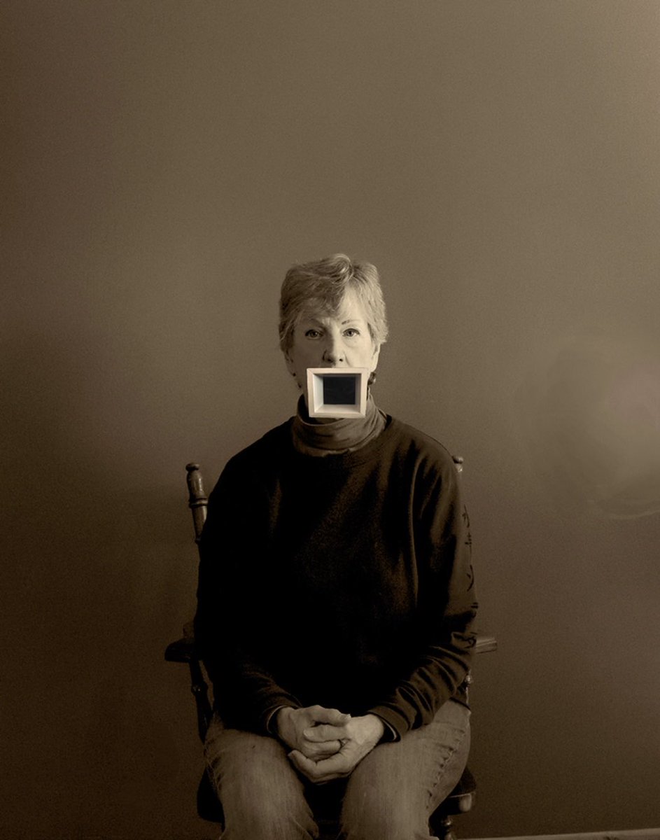 “This is a self-portrait taken shortly after my operation. The addition of the voice box… is meant to show how my voice has been boxed in and blanked out,” #artist and retired #teacher Karen Elias writes about this piece. View: pulsevoices.org/visuals/voice-… #patient #medicine