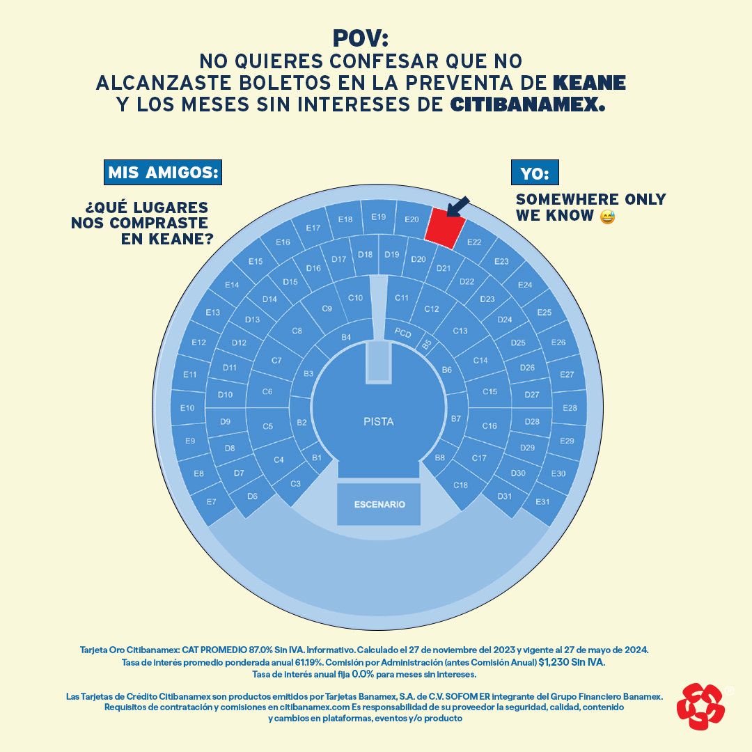 Con Citibanamex puedes comprar tus boletos en pre-preventa y pre-venta. Además, disfruta de los otros beneficios de ser tarjetahabiente como: 3 Meses Sin Intereses, Cupones de Alimentos y Bebidas, boletos en Mejor Zona y mucho más.