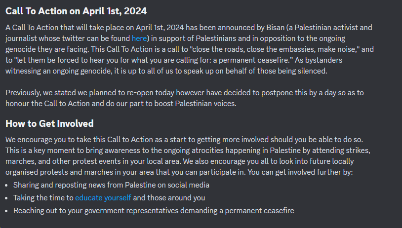 bioloveds's tweet photo. ranboo's discord server and their moderators spoke about today's call to action for palestine AND shared some incredibly helpful resources that i'll be linking below!! while the information is especially relevant now, it is a good idea to save for future references/events https://t.co/ksYOKMbMF6