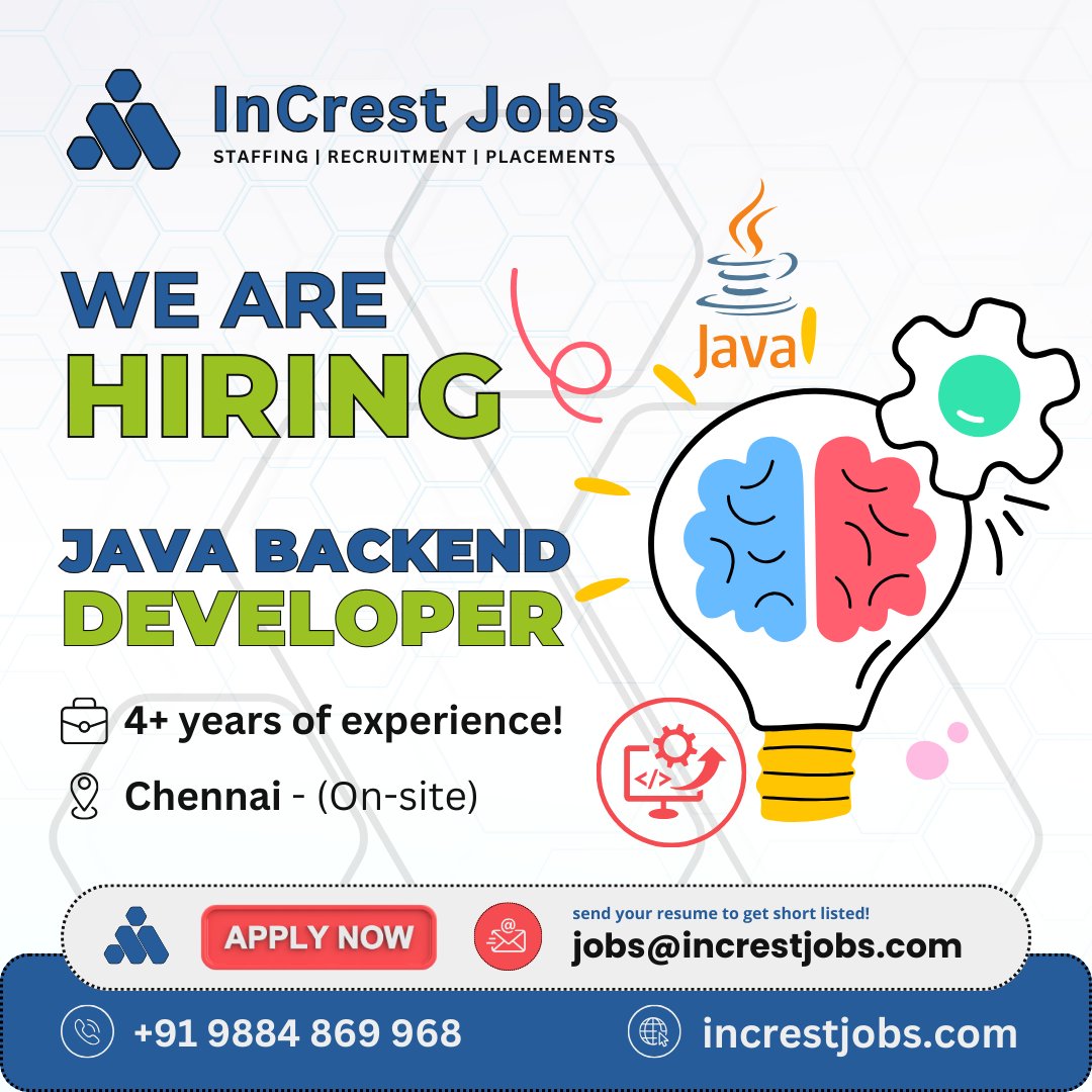We are hiring a Java Backend Developer to drive innovation and shape robust solutions. Join our dynamic team, contribute to exciting projects, and be a key player in our tech journey. send your resume to jobs@increstjobs.com #InCresting #InCrestJobs #JavaBackendDeveloper