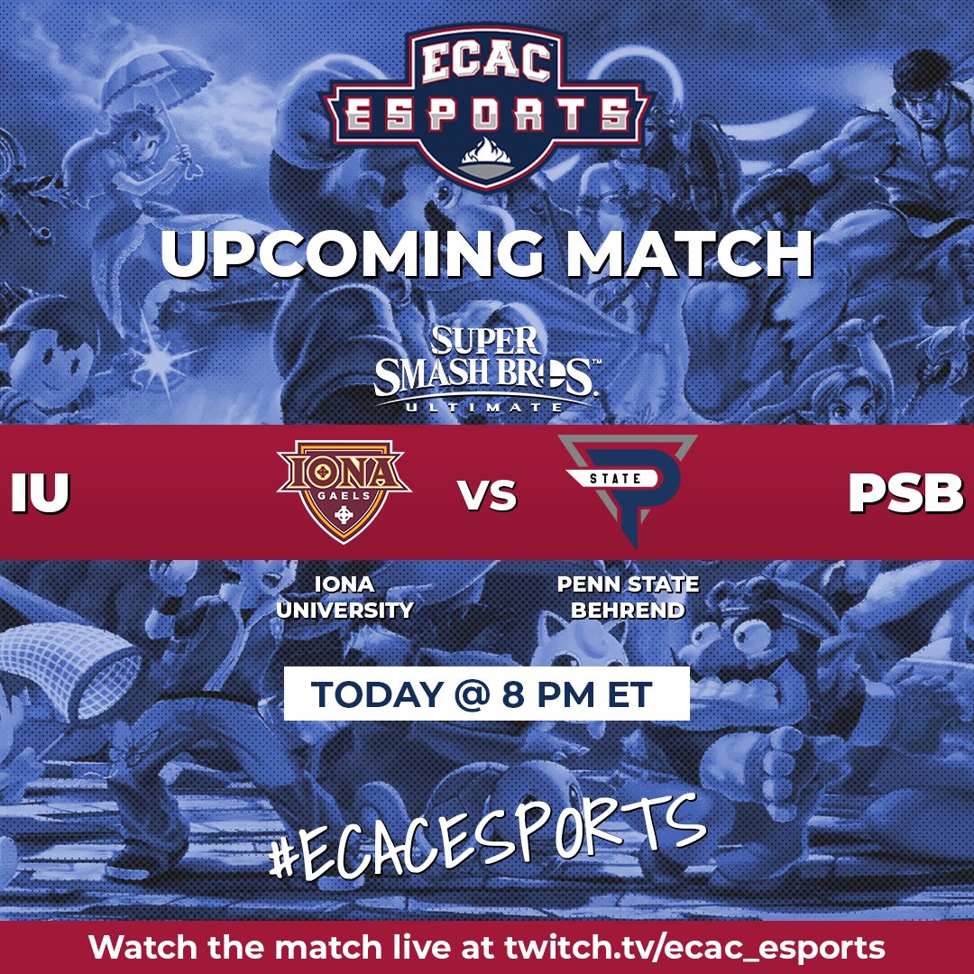 SSBU Quarterfinals match!

<a href="/IonaEsports/">Iona Esports</a> vs. Penn State Behrend

⌛️ 8 pm ET
📺TTV ecac_esports