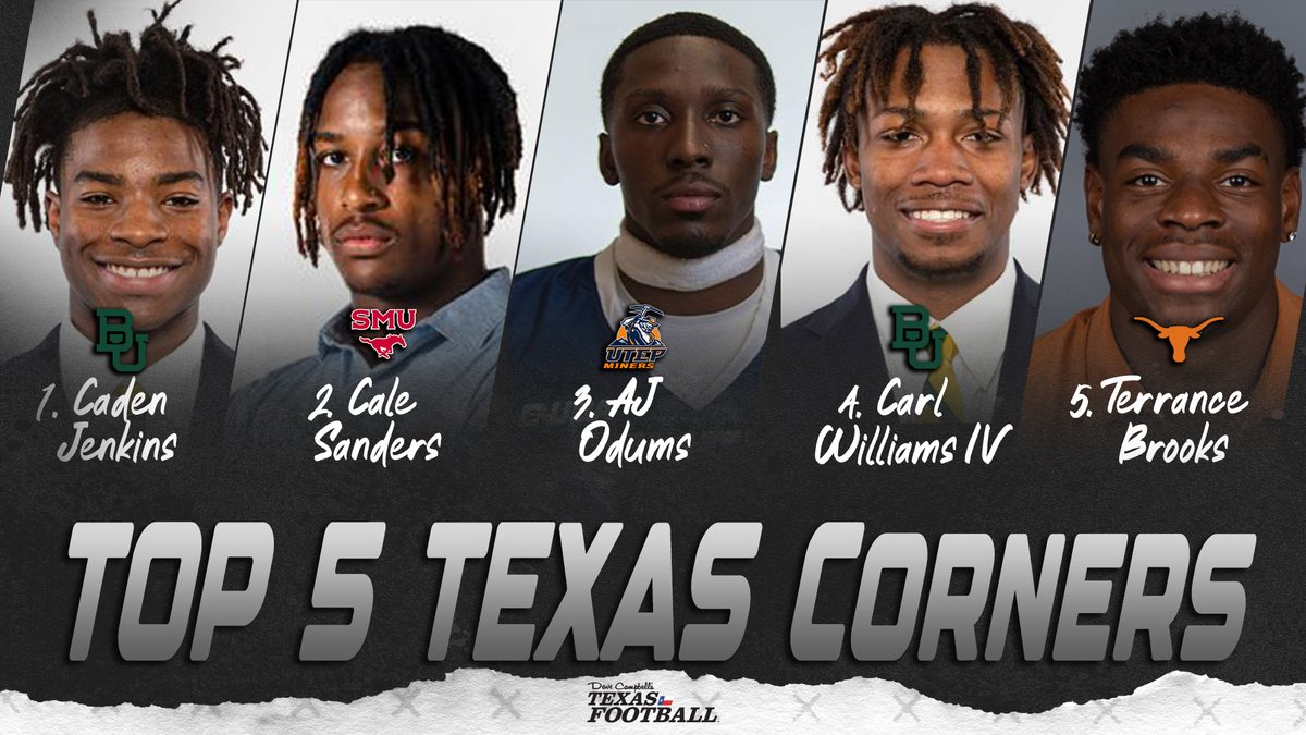 These are the Top 5 CBs in Texas for 2024 1. @cadenjenkins8 | @BUFootball 2. @CaleSanders11 | @SMUFB 3. @AjOdums | @UTEPFB 4. @carlwilliamsIV | @BaylorAthletics 5. @terrancebroox | @TexasFootball Top 10 👇 via @CravenMike texasfootball.com/2024-texas-10-…