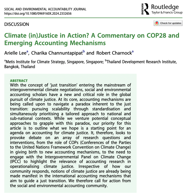 Journal_SEAJ's tweet photo. NEW! Discussion Paper in #SEAJ - #Climate (in)Justice in Action? A Commentary on #COP28 and Emerging #Accounting Mechanisms by Arielle Lee, @BoCharika &amp; @RobertCharnock 
#Metis Institute for Climate Strategy, @TDRI_thailand 
@csearUK 
https://t.co/nVBiNrb7Q3 https://t.co/YwQq2eNULv