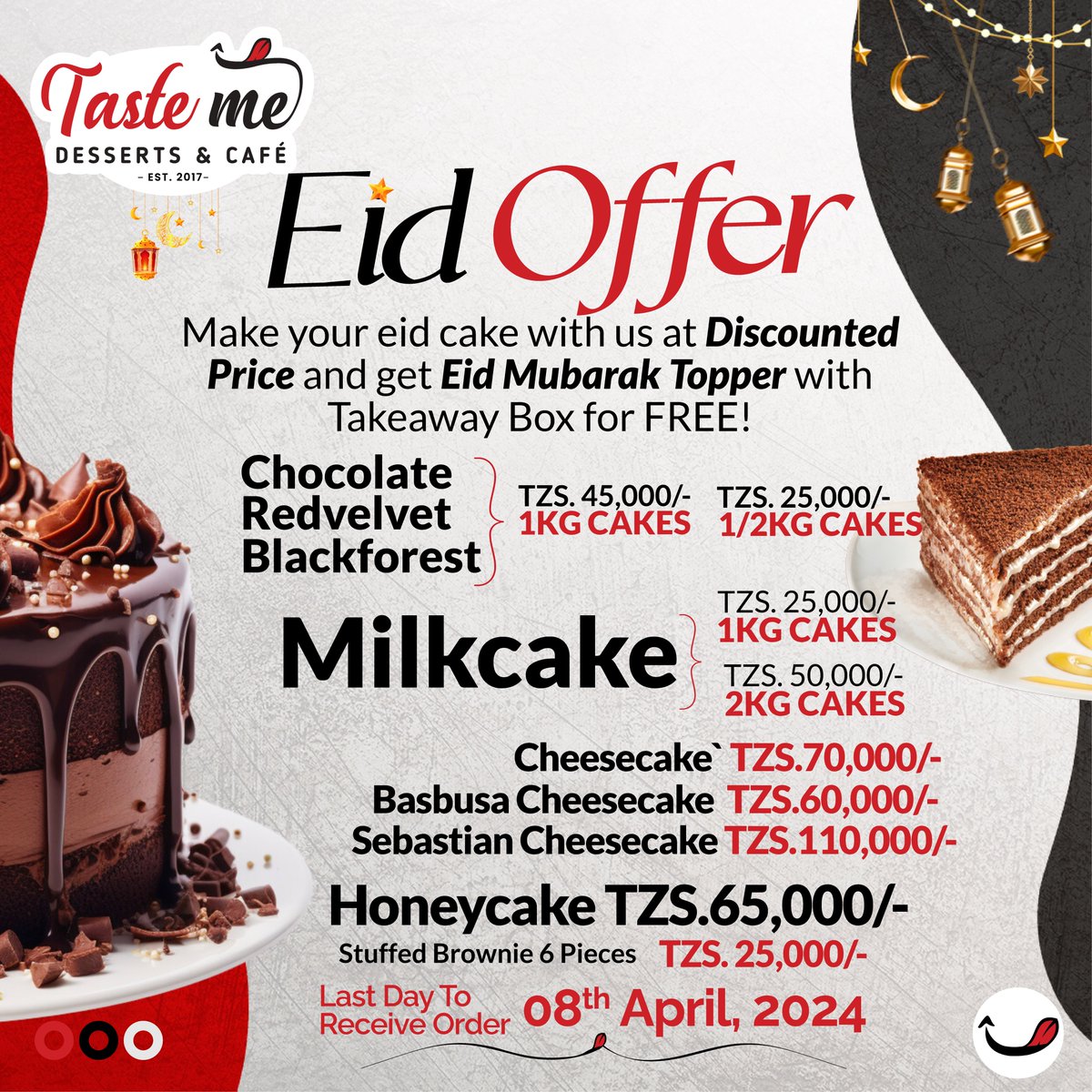 TasteMeDessert's tweet photo. Enjoy the sweetness of Eid with our delightful cakes! Order now to add a touch of joy to your celebrations. #DessertHub #TheArtOfFlavours #OnlyAtTasteMe #TasteMeTanzania #daressalaam #tanzania #twittergulio #zanzibar https://t.co/nzwCoqhdMN