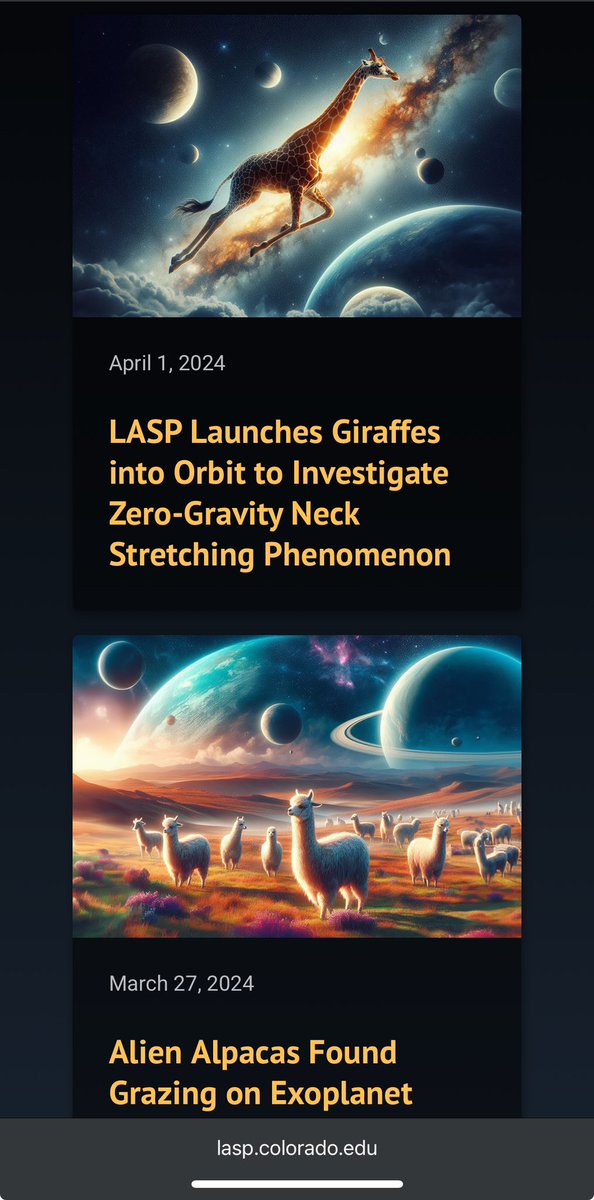 The @LASPatCU website today is fantastic. And all the articles about launching giraffes into space and such… hahaha so good