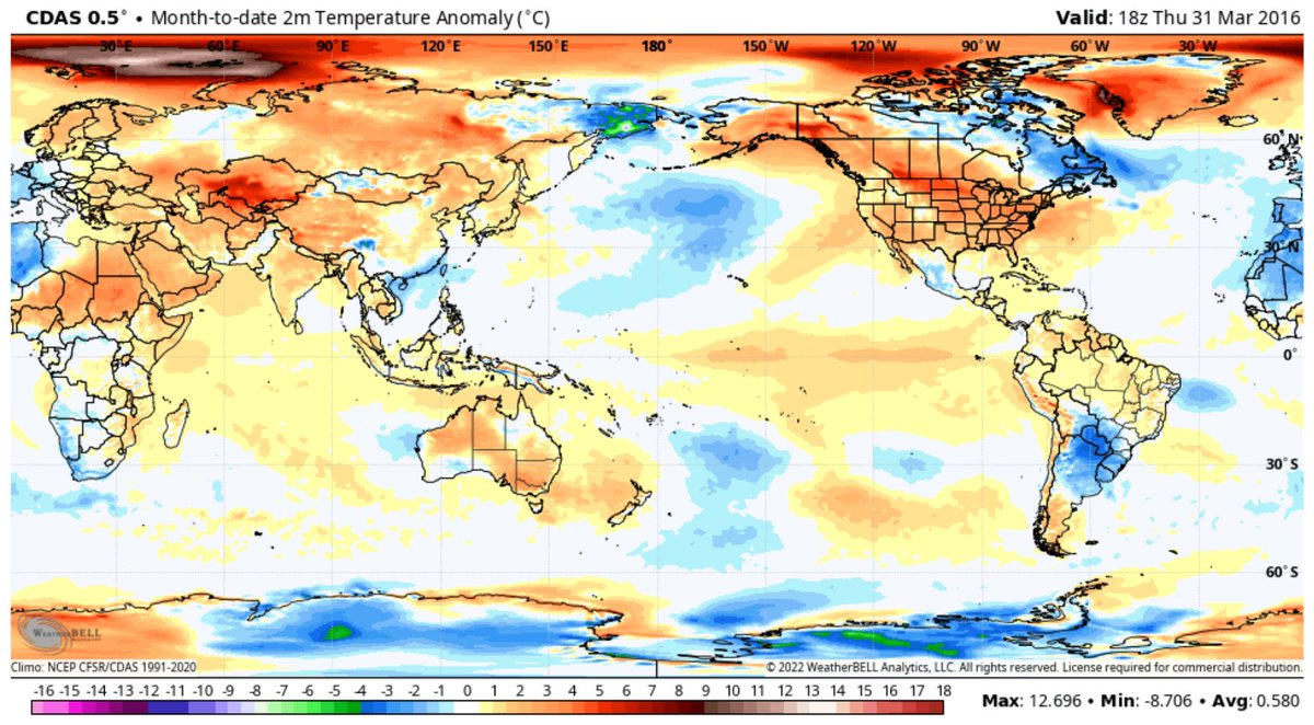 Selon CDAS (Climate Data Assimilation System/NCEP) l''anomalie' (ref. 1991-2020) de température globale pour mars 2024 fut d'environ deux centièmes de °C supérieure à mars 2016.