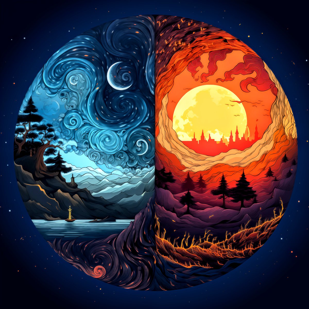 waywardthird's tweet photo. As day kisses night in a celestial dance, we're reminded that every ending is but a palette for a new beginning. 

#CelestialDance #DayMeetsNight #CosmicCycle #aiart #EternalTwilight
Inspiration: @JKattnis https://t.co/dwas4p5gur