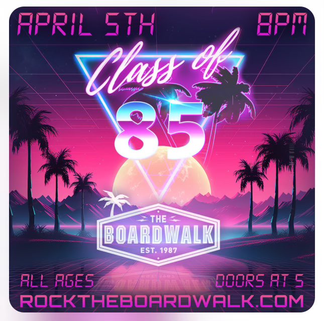 classof85music's tweet photo. Come see us this Friday, wear your best 80s outfit and come party with us. @BoardwalkRocks rocktheboardwalk.con https://t.co/BnpmazVzPO