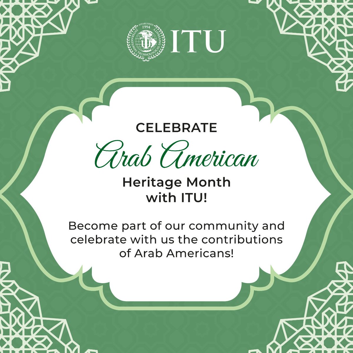 ITU_Tweets's tweet image. Join ITU, where innovation meets diversity! #ArabAmericanHeritageMonth
Learn more: discover.itu.edu

#DiversityInTech #JoinITU