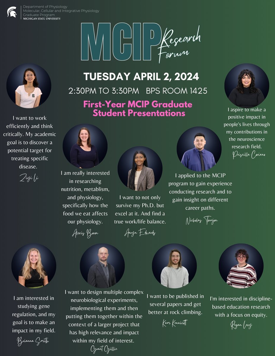 Join us tomorrow for a special presentation featuring our first-year MCIP graduate students! Get to know them and the research they're pursuing!

#msupsl #mcip #research #forum #physiology #neuroscience #phd #graduateprogram #msu #spartans #rockclimbing