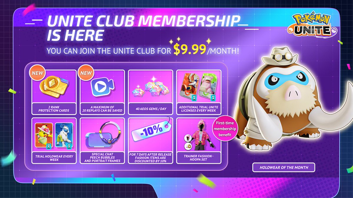 The #PokemonUNITE Club Membership has been updated! Subscribe today for tons of rewards, including Explorer Style: Mamoswine!