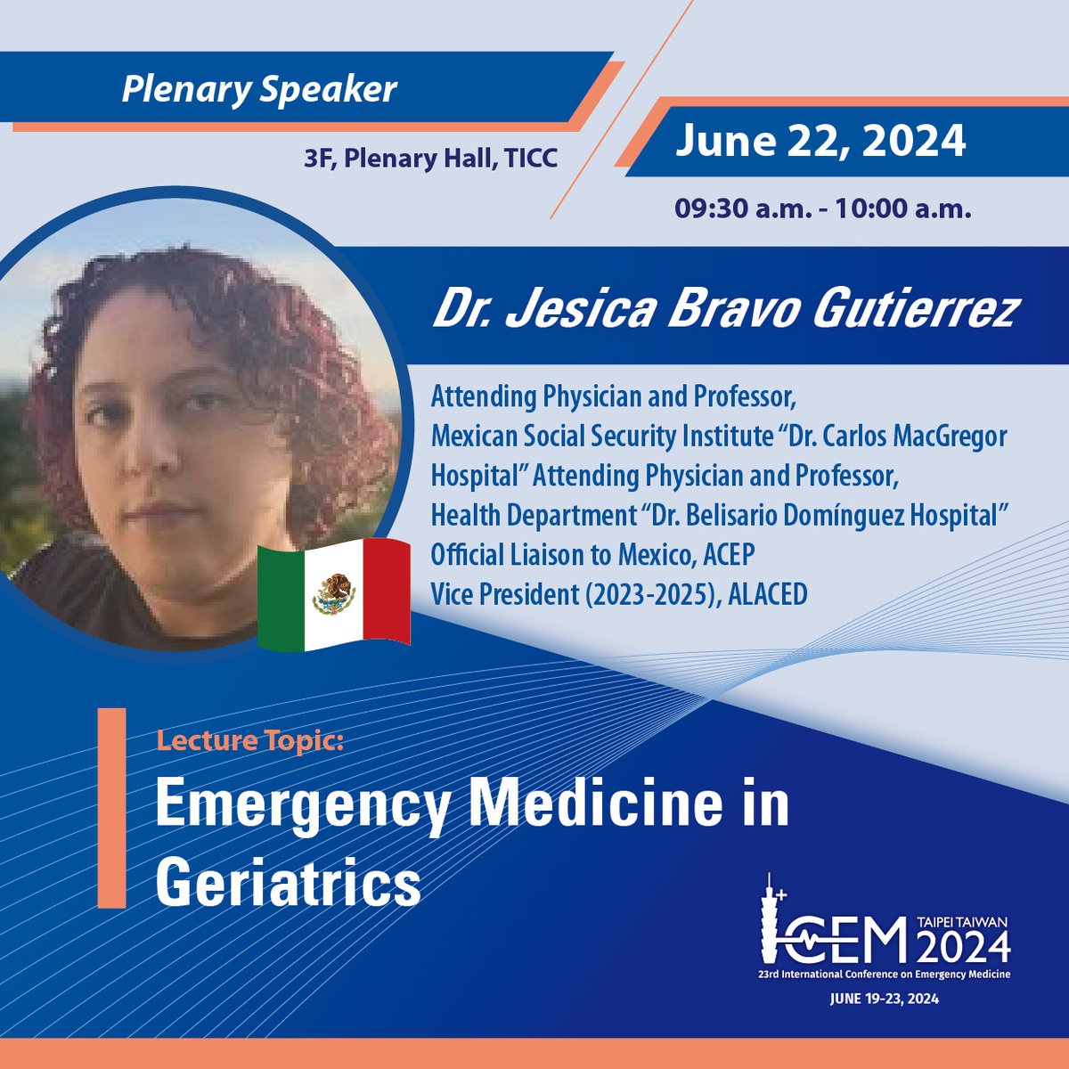 Introducing ICEM24 plenary speaker... Dr. Jesica Bravo Gutierrez Emergency Medicine in Geriatrics Join us at this year’s ICEM in Taipei on June 19-23 Early-bird ends 19 April 2024 View Program: icem2024.com/page/Program%2… Register: bit.ly/49i5OLS