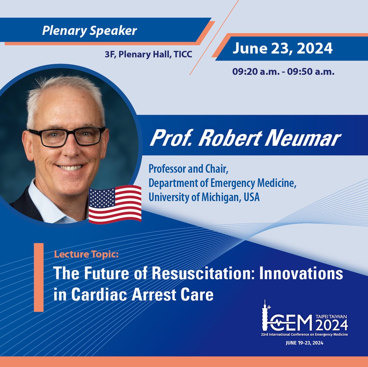 Introducing ICEM24 plenary speaker... Prof. Robert Neumar The Future of Resuscitation: Innovations in Cardiac Arrest Care Join us at this year’s ICEM in Taipei on June 19-23 Early-bird ends 19 April '24 View Program: icem2024.com/page/Program%2… Register: bit.ly/49i5OLS