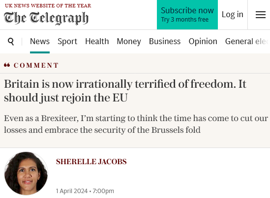 Look what turned up in the Telegraph this evening! (Flawed logic and unable to admit Brexit was bound to fail, but conclusion points to full Rejoin: 'What we categorically should not do is go on pretending that the country can afford to live with a halfway Brexit.')