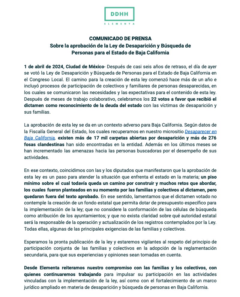 #Comunicado📢|| Ayer el @congresobc aprobó la Ley sobre Desaparición y Búsqueda de Personas de #BajaCalifornia🇲🇽

Si bien reconocemos que esta ley representa un avance en la atención de la crisis que vive BC, varias propuestas hechas por las familias se quedaron en el tintero ⬇️