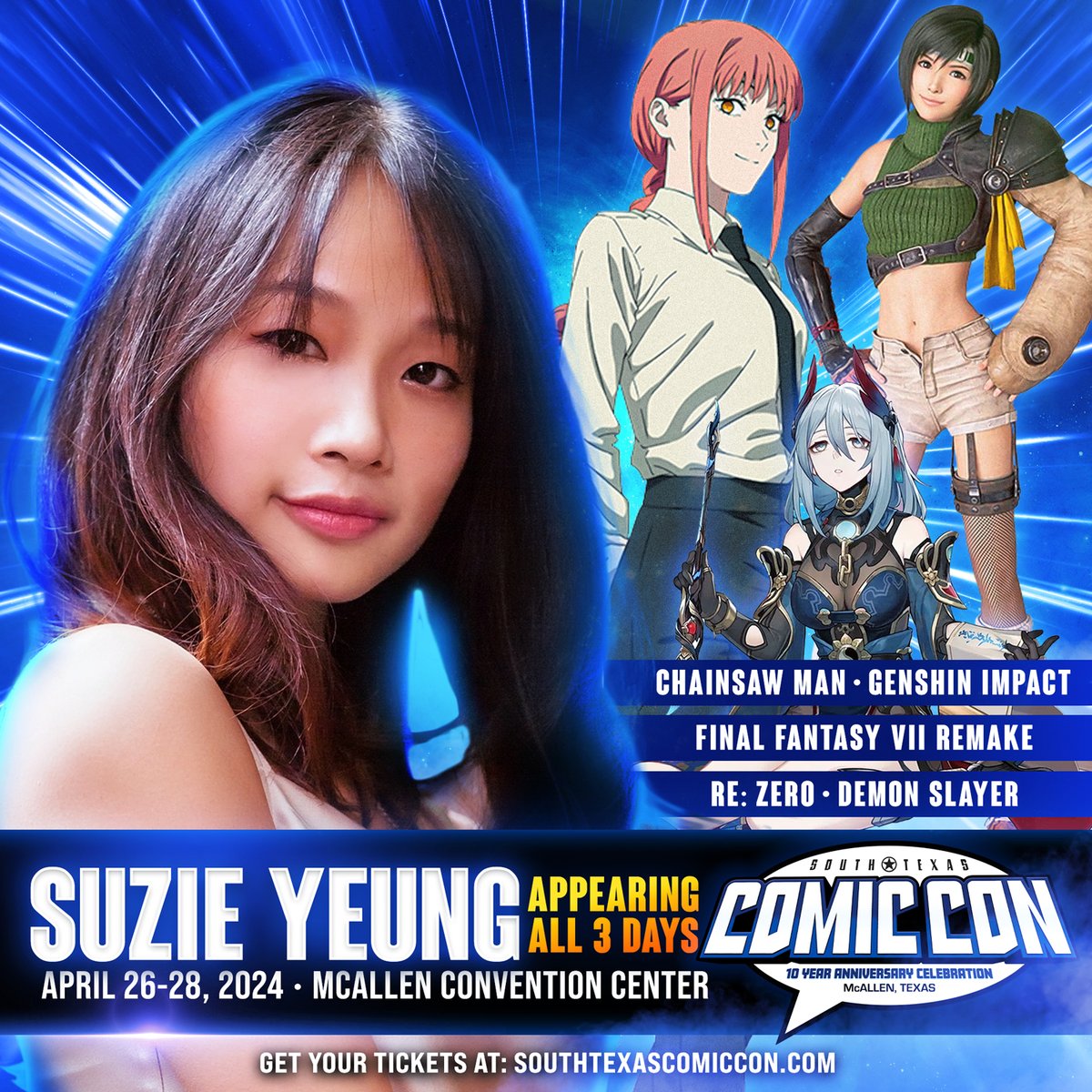 📷 South Texas Comic Con is happy to announce that Suzie Yeung will also be joining us this year!
Suzie is known for playing Yuffie Kisaragi in Final Fantasy VII Remake, Eula in Genshin Impact, Makima in Chainsaw Man and many more.