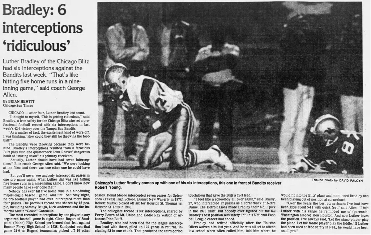 On this date in 1983, Chicago Blitz safety Luther Bradley intercepted a pro-football-record 6 passes.