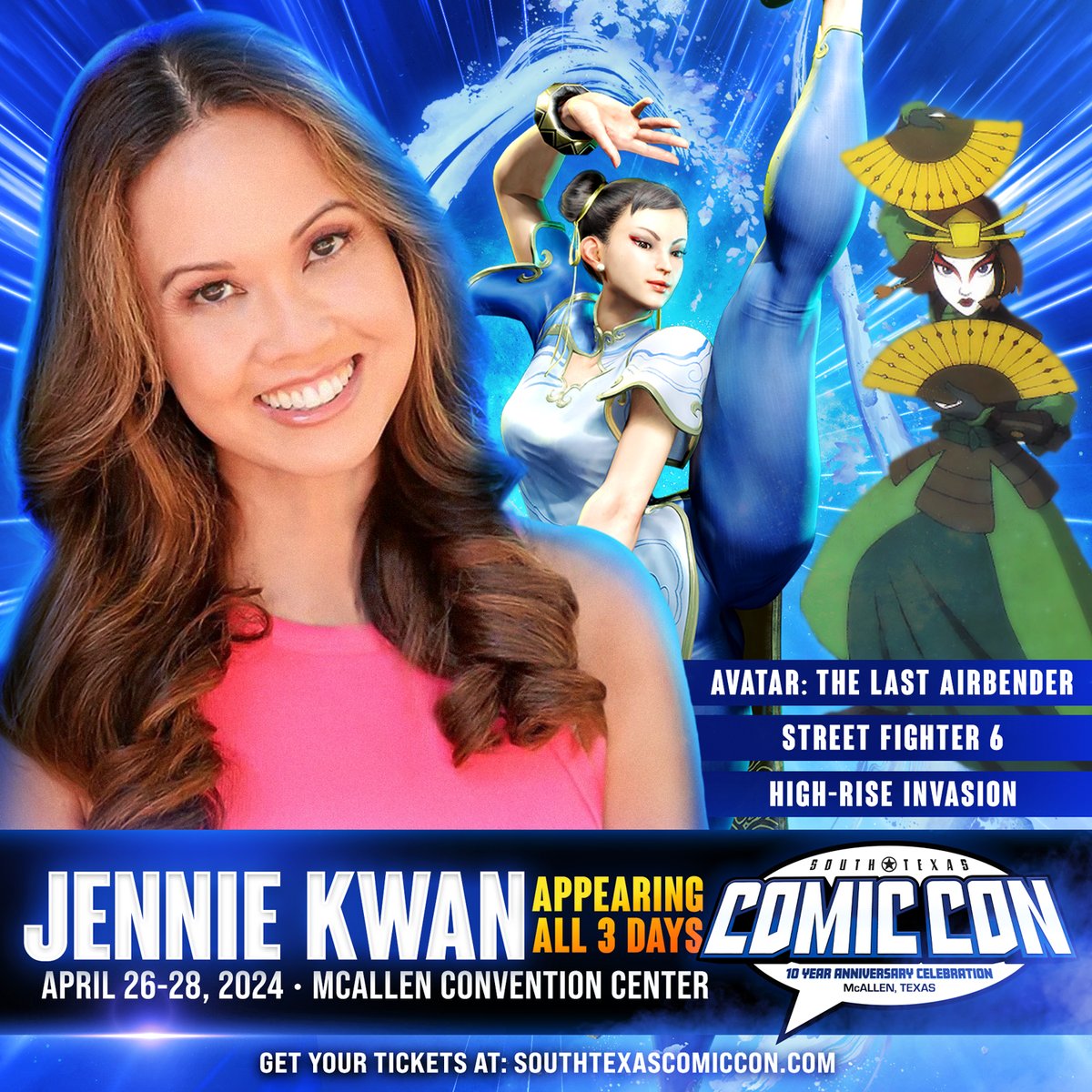 📷 Help us welcome Jennie Kwan to the lineup!

Jennie is best known for voicing Suki in Avatar: The Last Airbender, and Chun-Li in Street Fighter 6. Jennie will be joining her ATLA castmate Jack de Sena at STXCC, so don't miss your chance to meet them at the show!