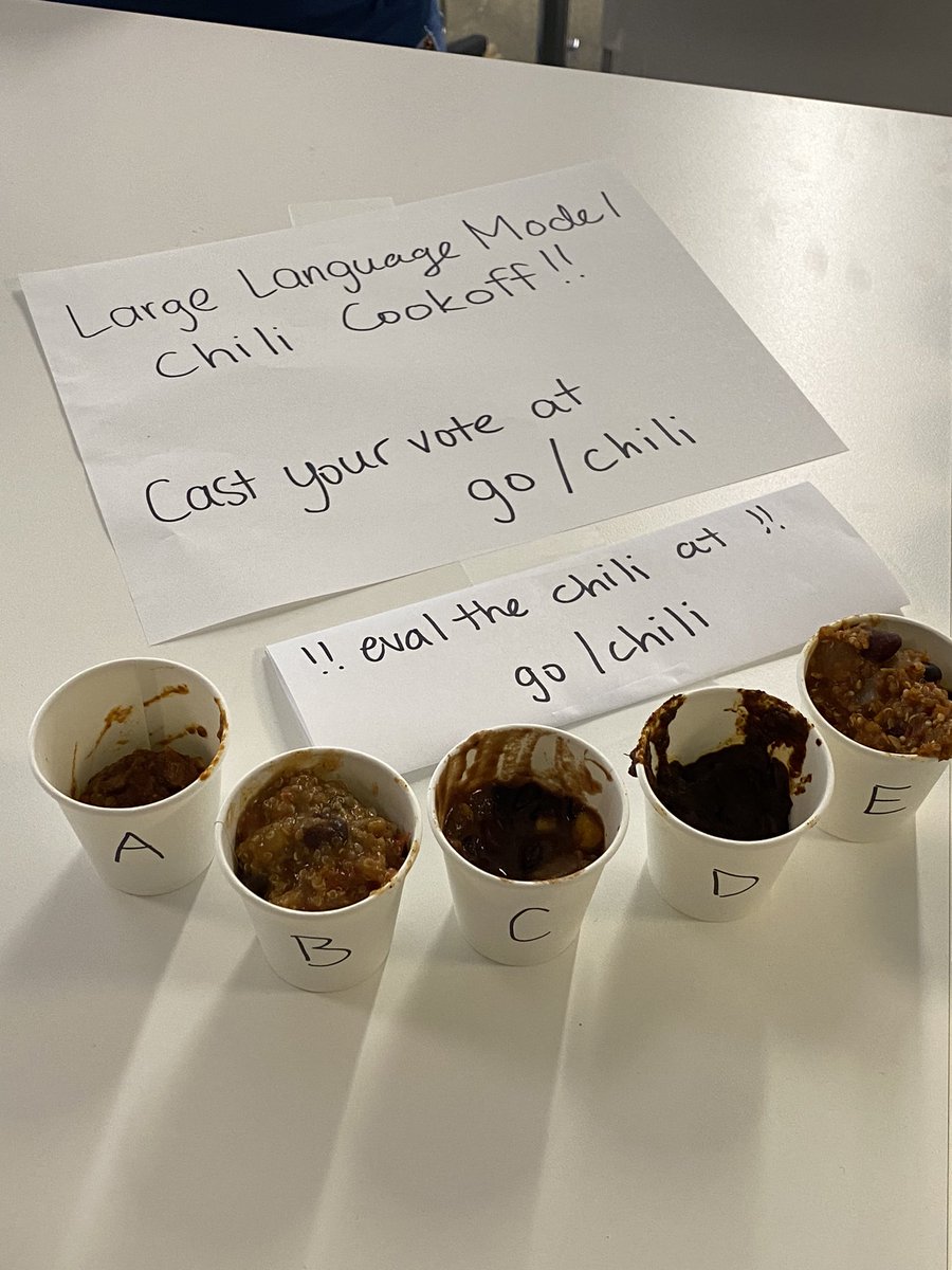 jazco's tweet image. we all know how important LLM evaluation is.. 🤔

i’m excited to FINALLY announce that we are starting a new 📢 recipe-based evals team!!! 📢

for our first study, we compared 5 LLM-generated chili recipes with the prompt: “Give me a chili recipe with an interesting twist” (1/n)