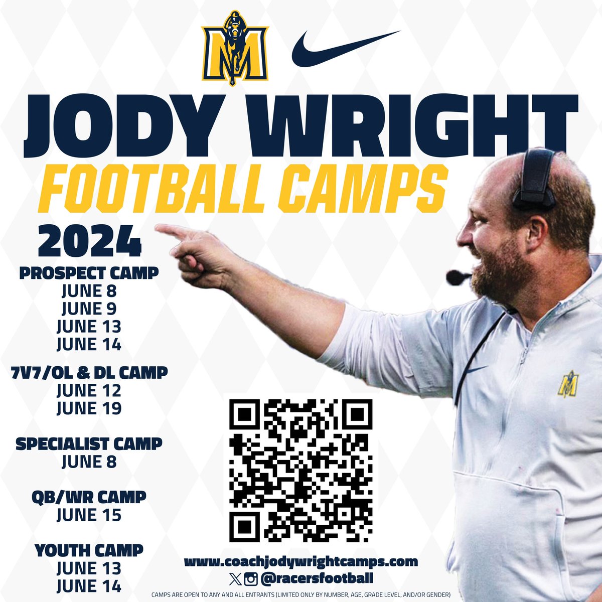 Ride With The Racers This Summer! Evaluation and Teaching! Register today! coachjodywrightcamps.com @racersfootball #FindAWay #GoRacers