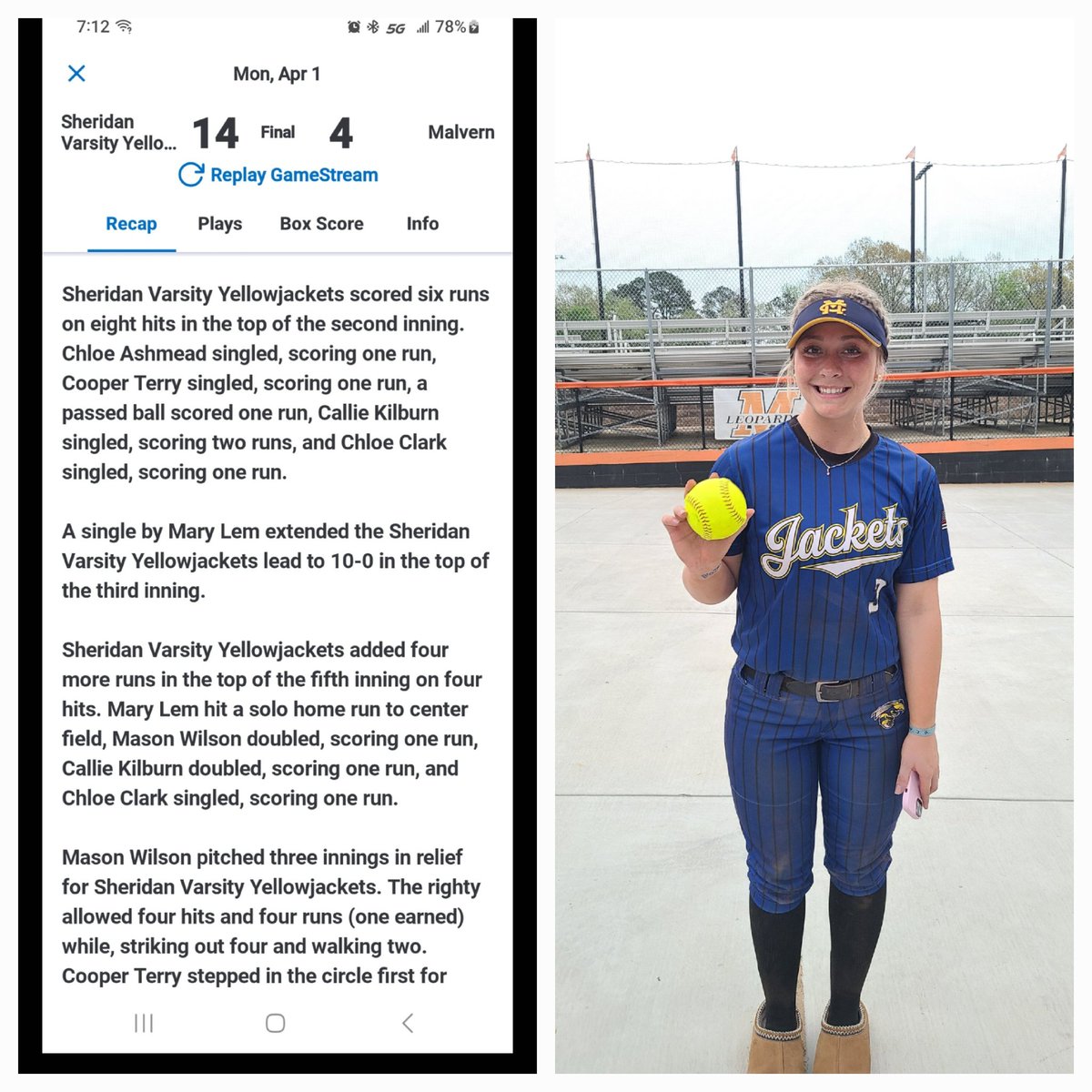 Sheridan won at Malvern.  Mary  Lem went 4 for 4 with a bomb.