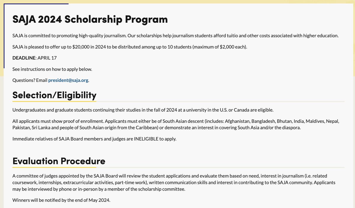 SAJA's 2024 scholarships deadline is April 17.

$20,000 will be distributed among 10 students: saja.org/scholarships

You can help by:
1. Sharing this post.
2. Donating to SAJA: saja.org/donate
We've given away $400K in scholarships and fellowships; let's keep it going!